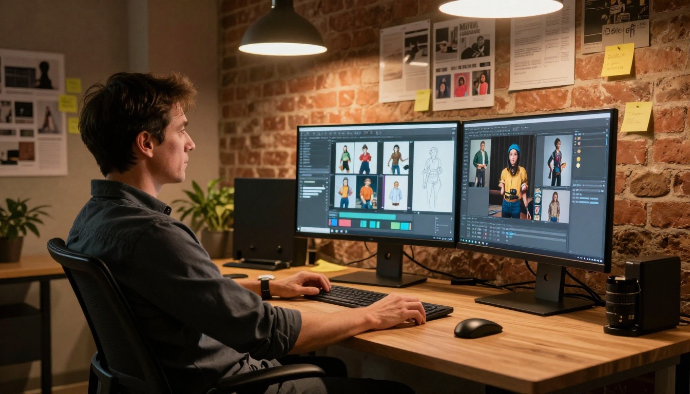 A graphic designer reviewing a grid of AI-generated images on a large monitor in a warm-lit studio A graphic designer reviewing a grid of AI-generated images on a large monitor in a warm-lit studio
