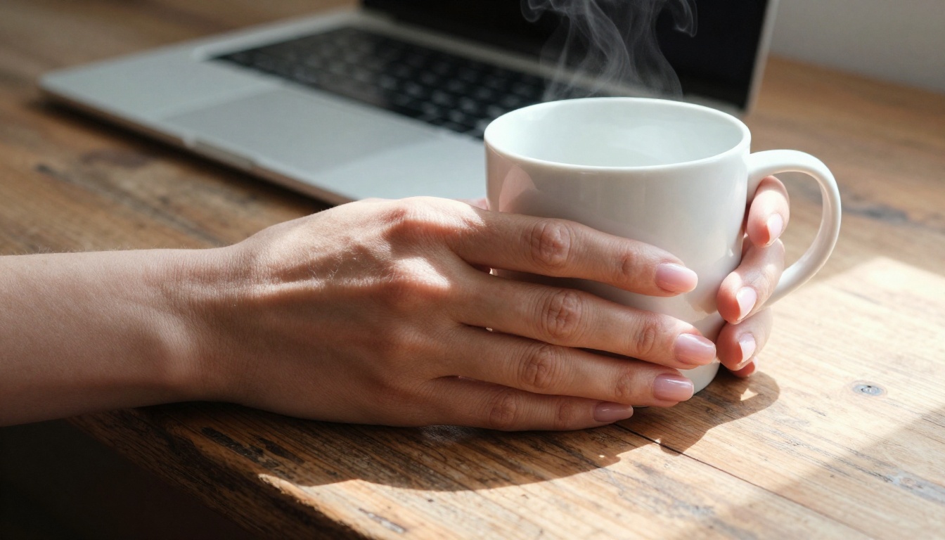 A woman's hands holding a ceramic mug on a wooden table with warm window light and blurred laptop background