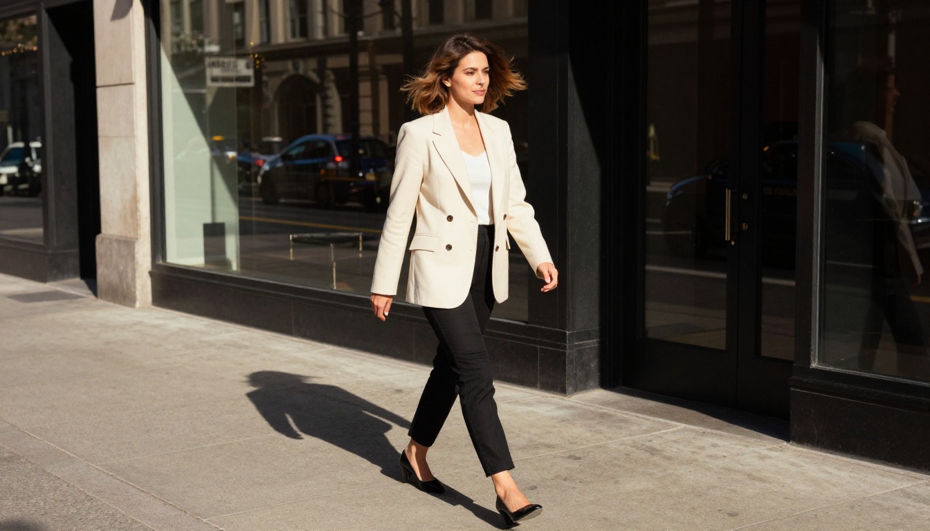 A confident woman walking through a sunlit city sidewalk with buildings reflected in glass storefronts