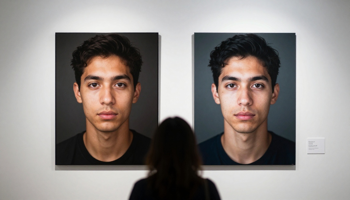 Two photographic prints mounted on a gallery wall under track lighting with a blurred visitor examining them