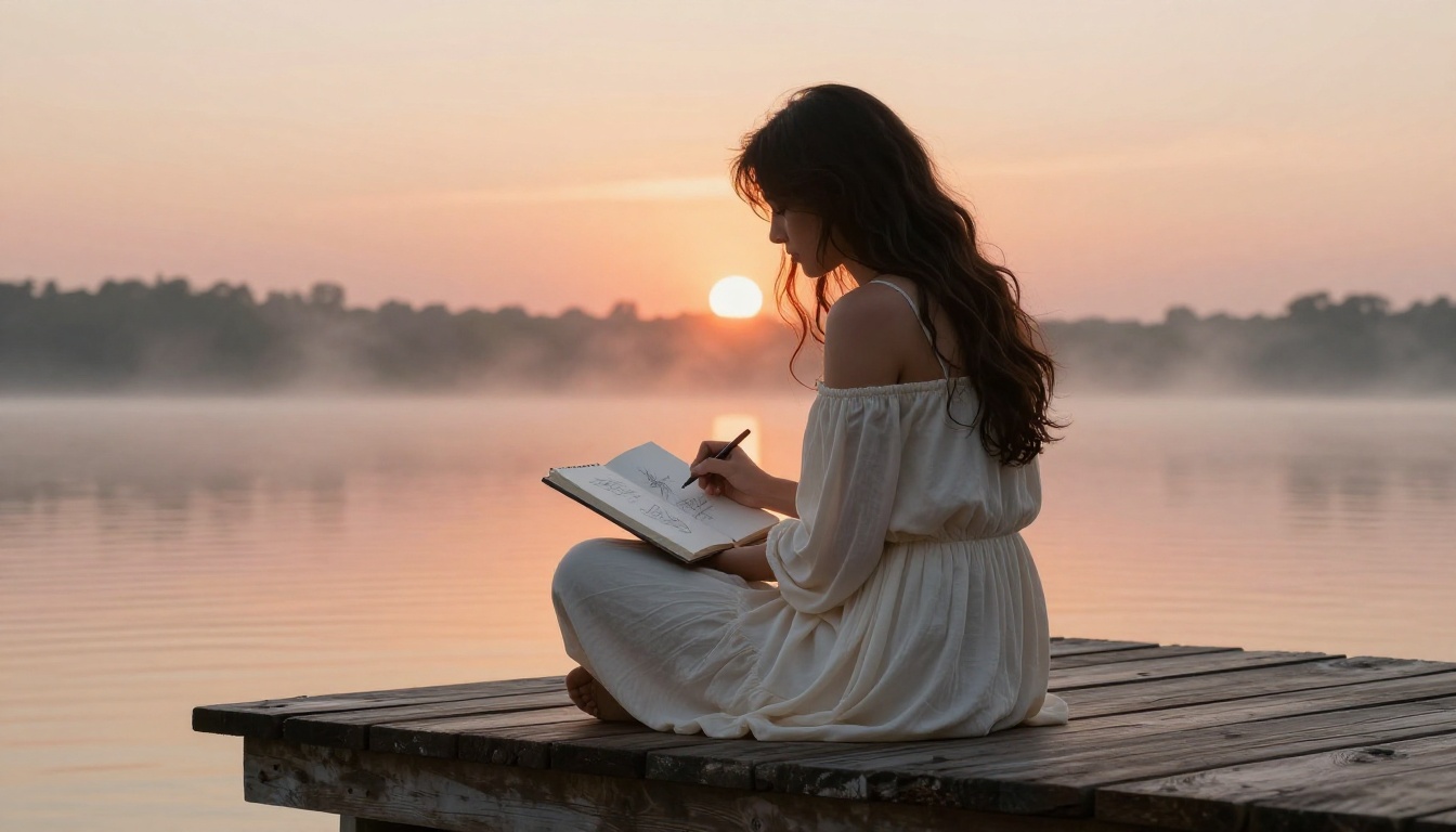 A woman in a cream dress sitting on a dock at sunrise with mist on the lake and warm backlit glow