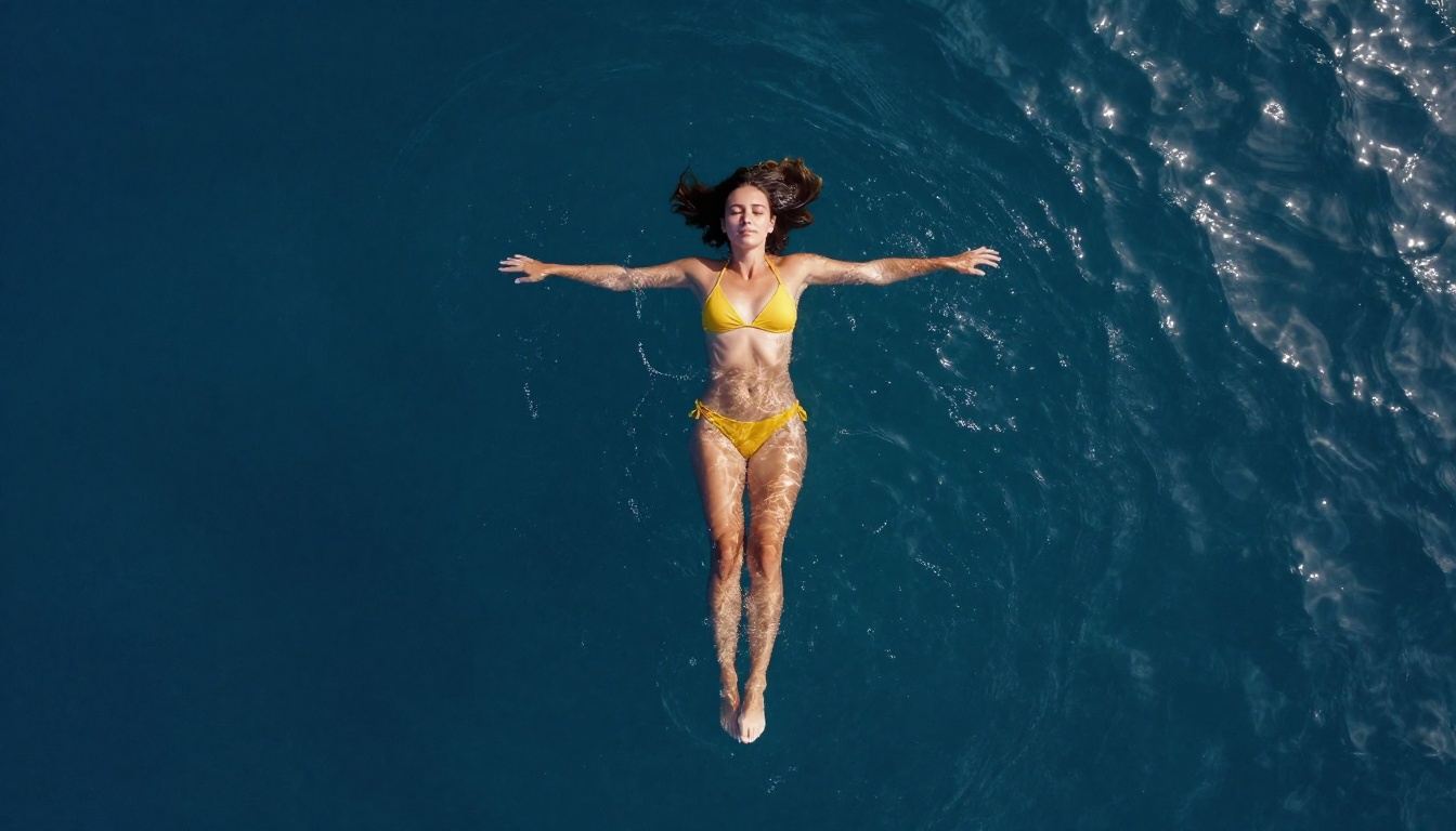 Aerial drone photography of woman floating in Mediterranean turquoise water