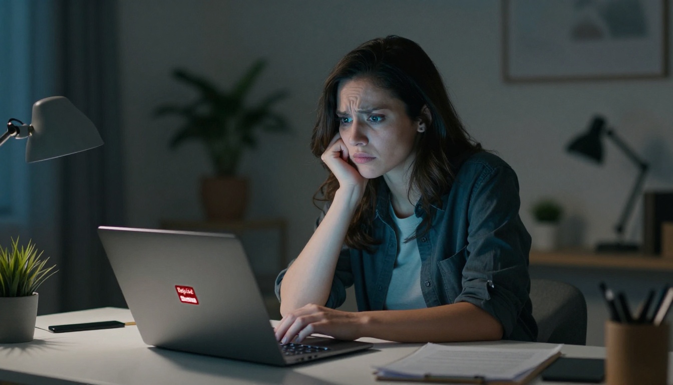 Frustrated creative professional staring at an AI rejection screen on her laptop at night Frustrated creative professional staring at an AI rejection screen on her laptop at night