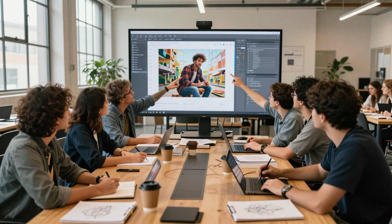 Diverse group of digital artists collaborating around a large monitor in a bright studio Diverse group of digital artists collaborating around a large monitor in a bright studio