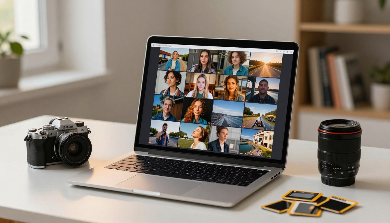 AI-generated image grid displayed on a laptop surrounded by camera equipment AI-generated image grid displayed on a laptop surrounded by camera equipment
