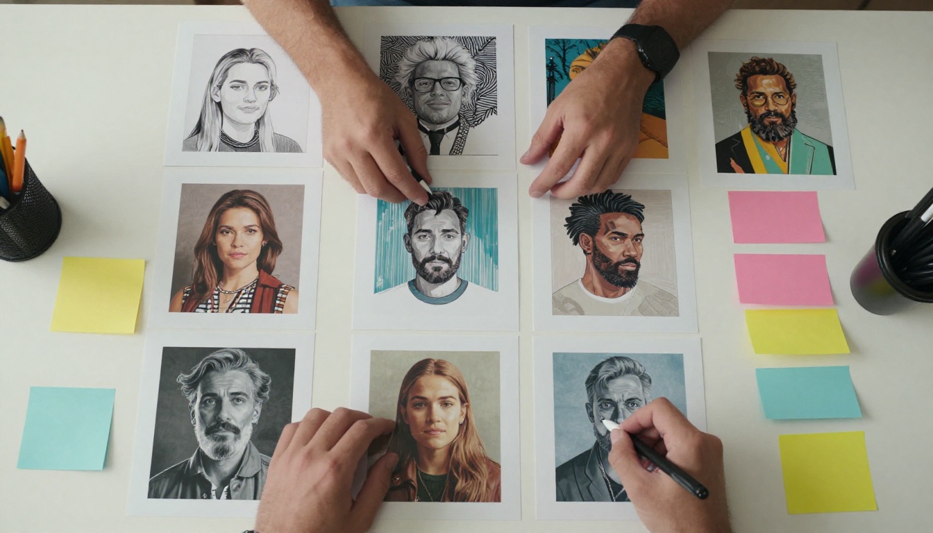 Aerial view of printed AI-generated artwork samples spread across a designer's desk