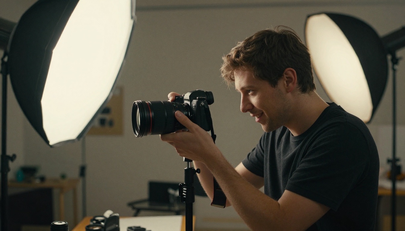 Professional photographer reviewing results on his camera screen in a well-lit studio
