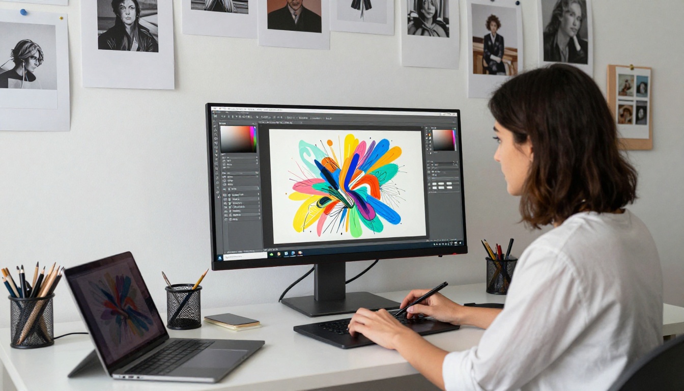Female digital artist working on a drawing tablet in a bright minimalist creative studio