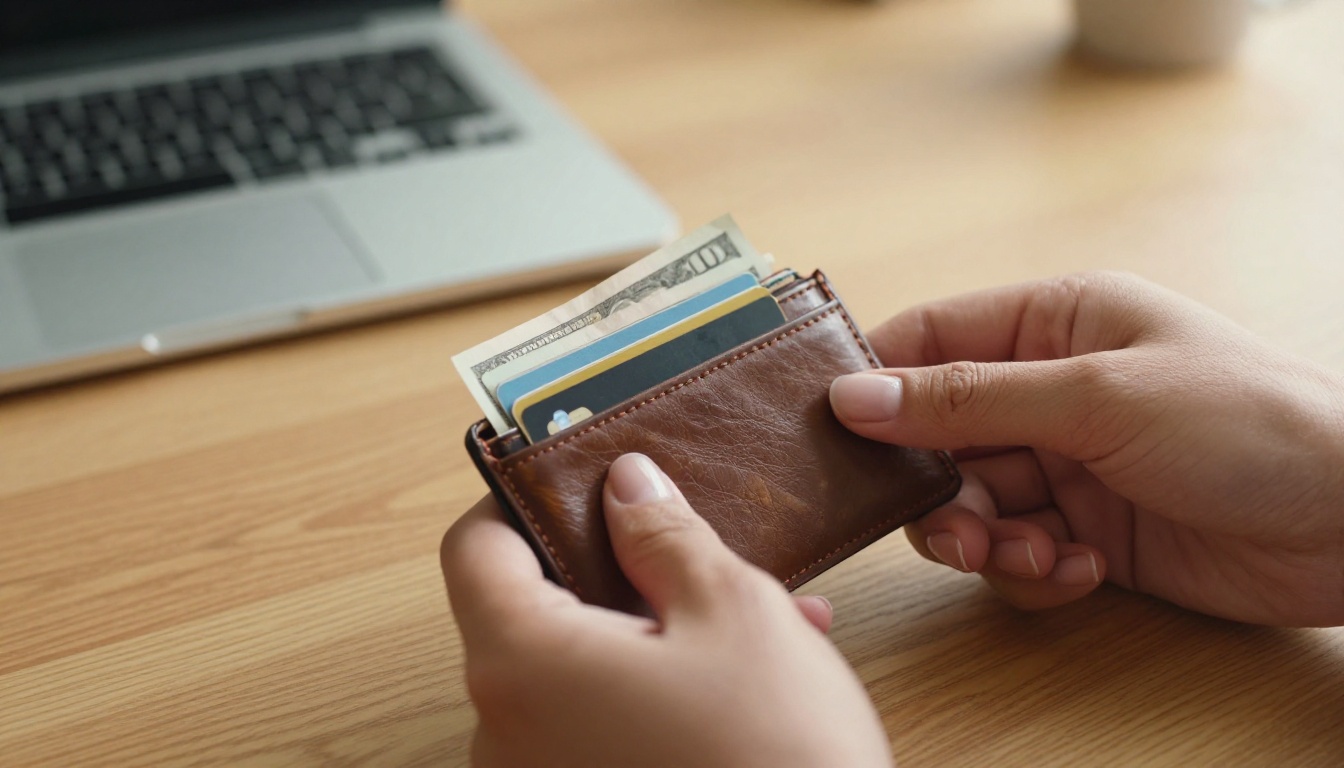 A woman holds a wallet open showing credit cards, warm directional morning light, 8K photorealistic, Kodak Portra 400 A woman holds a wallet open showing credit cards, warm directional morning light, 8K photorealistic, Kodak Portra 400
