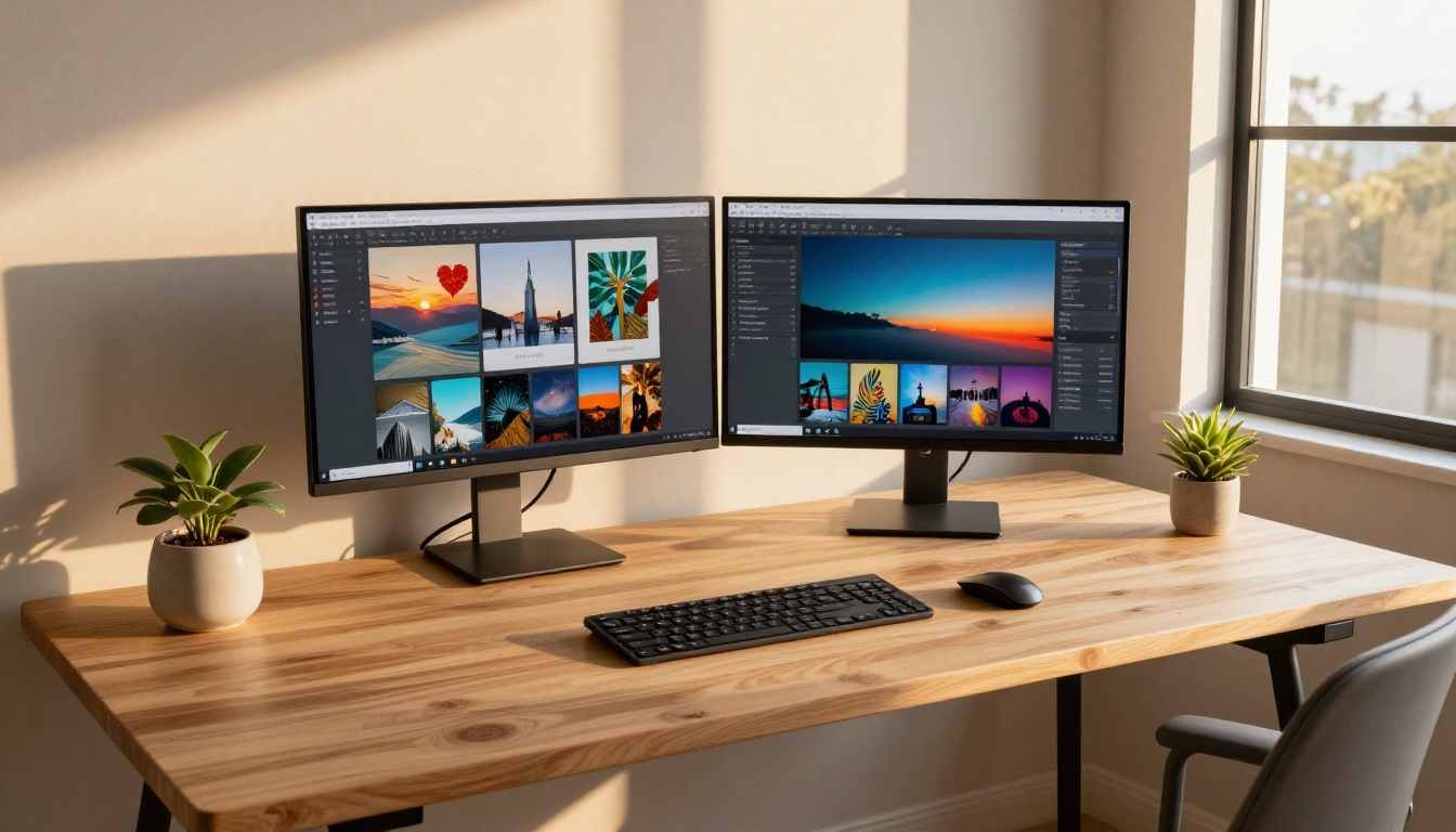 A modern home office desk with dual monitors showing AI image galleries, warm afternoon light from windows, 8K photorealistic A modern home office desk with dual monitors showing AI image galleries, warm afternoon light from windows, 8K photorealistic