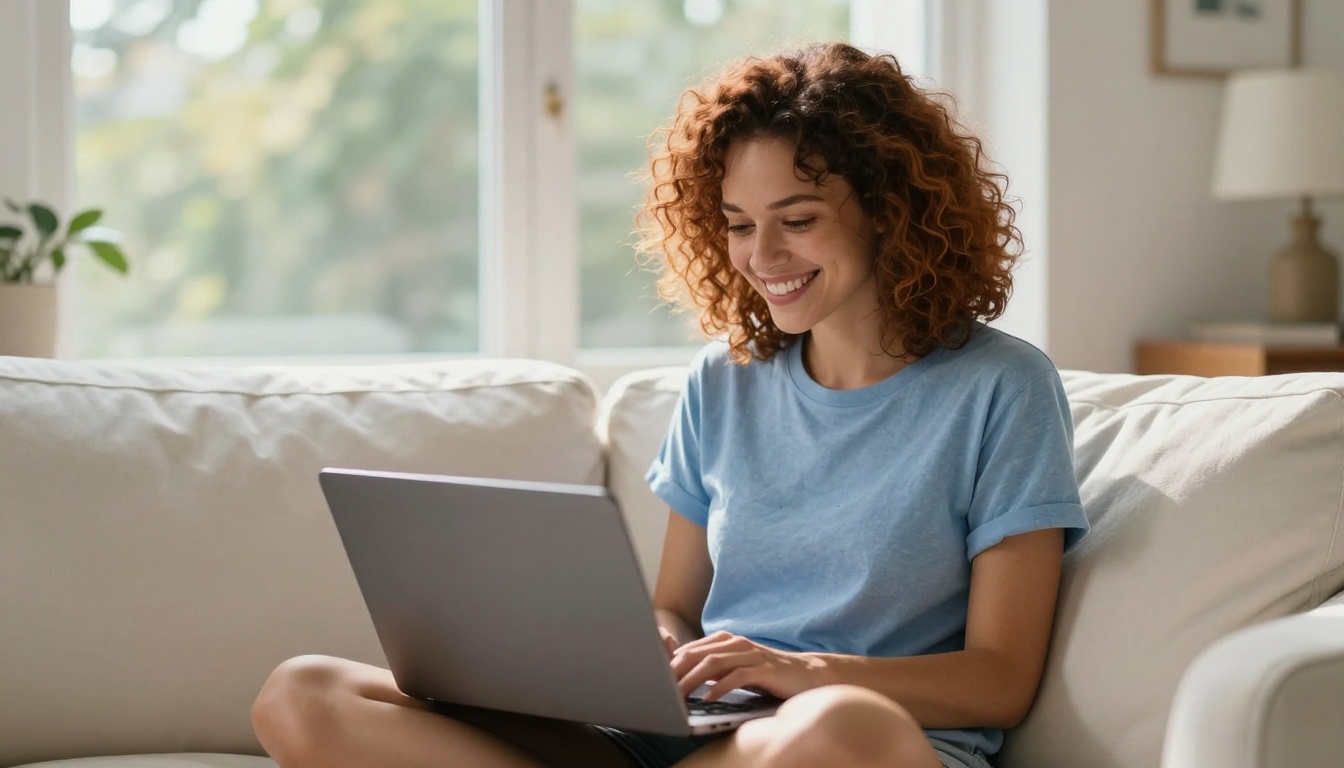 A young woman with curly auburn hair sits on a white sofa with a laptop, smiling, rim lighting from window behind her, 8K photorealistic A young woman with curly auburn hair sits on a white sofa with a laptop, smiling, rim lighting from window behind her, 8K photorealistic