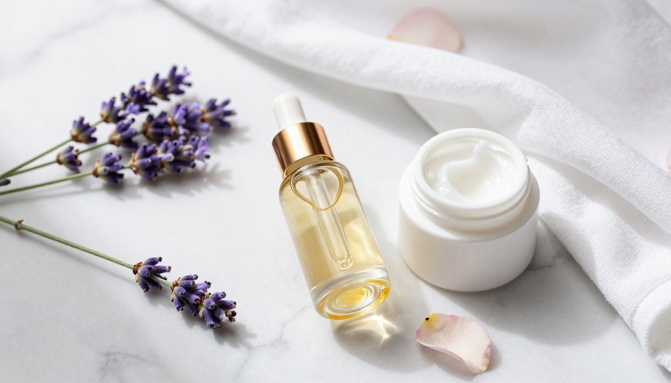 Luxury skincare products on white marble with lavender and rose petals, aerial overhead shot, 100mm macro f/2.8, 8K photorealistic Luxury skincare products on white marble with lavender and rose petals, aerial overhead shot, 100mm macro f/2.8, 8K photorealistic