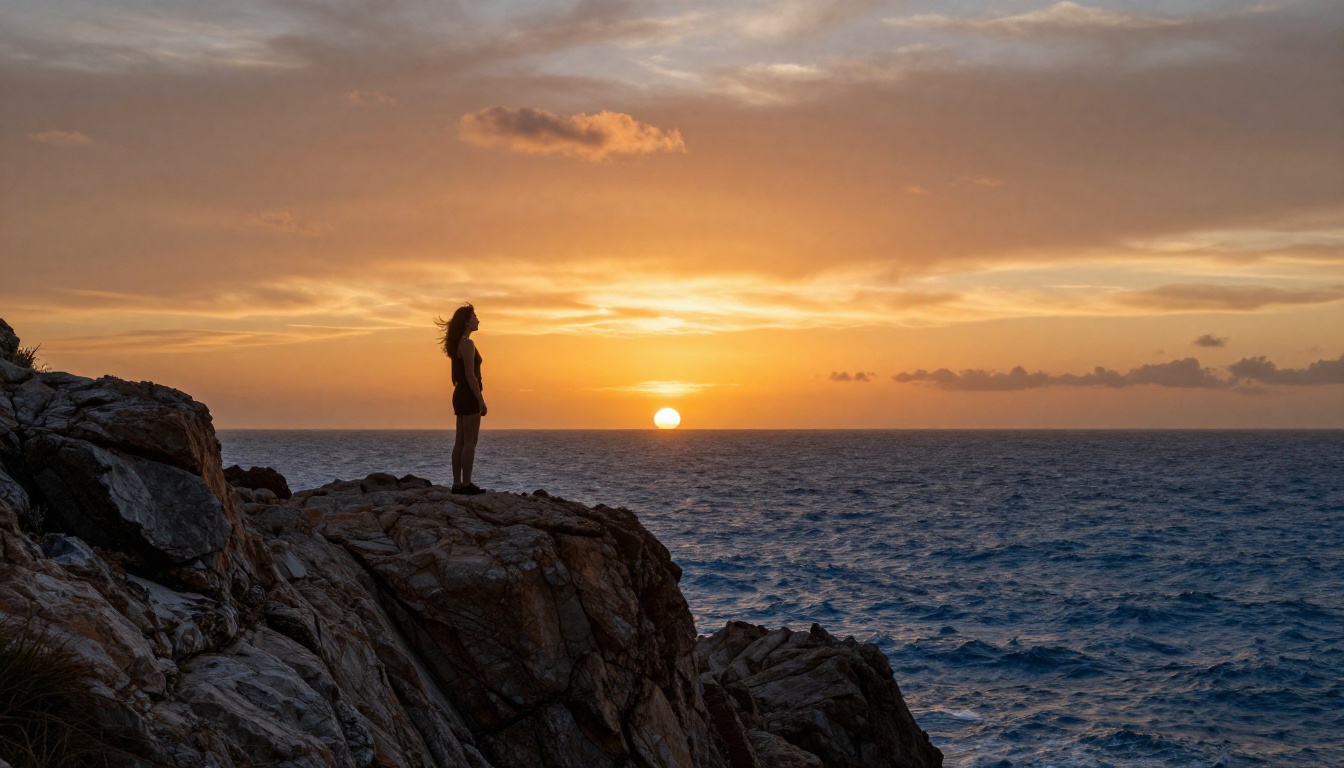 A woman silhouetted on a rocky sea cliff at sunset against a vivid orange and gold sky, low angle 24mm f/8, 8K photorealistic
