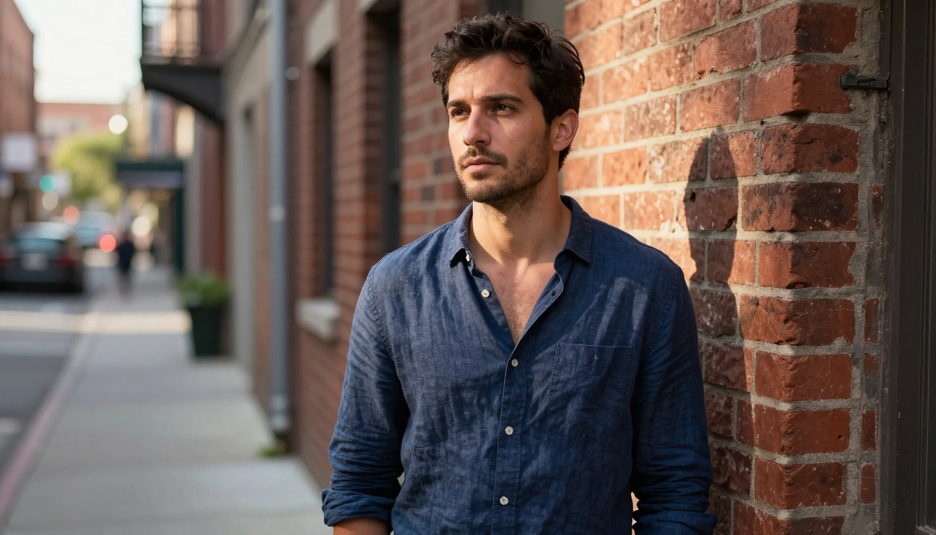 A man in a navy linen shirt stands in an urban alleyway with warm late afternoon light between brick buildings, slightly low angle 50mm f/1.8, 8K photorealistic