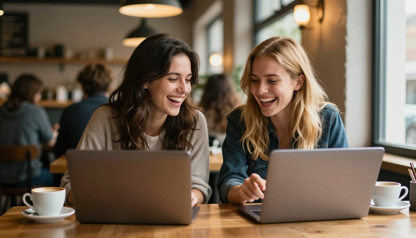 Two young women laugh together at a wooden cafe table with laptops open, natural window light from the right, 50mm f/2.0, 8K photorealistic