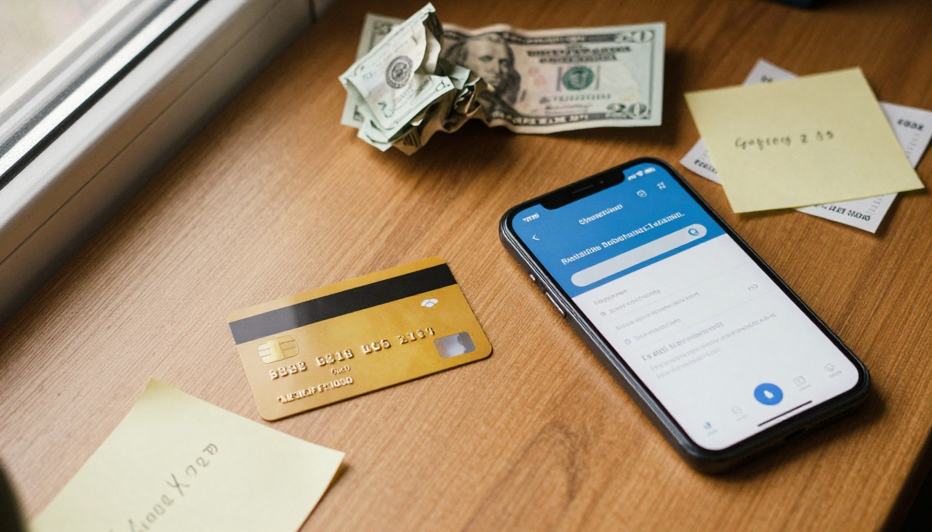 Flat lay of desk with credit card and subscription receipt