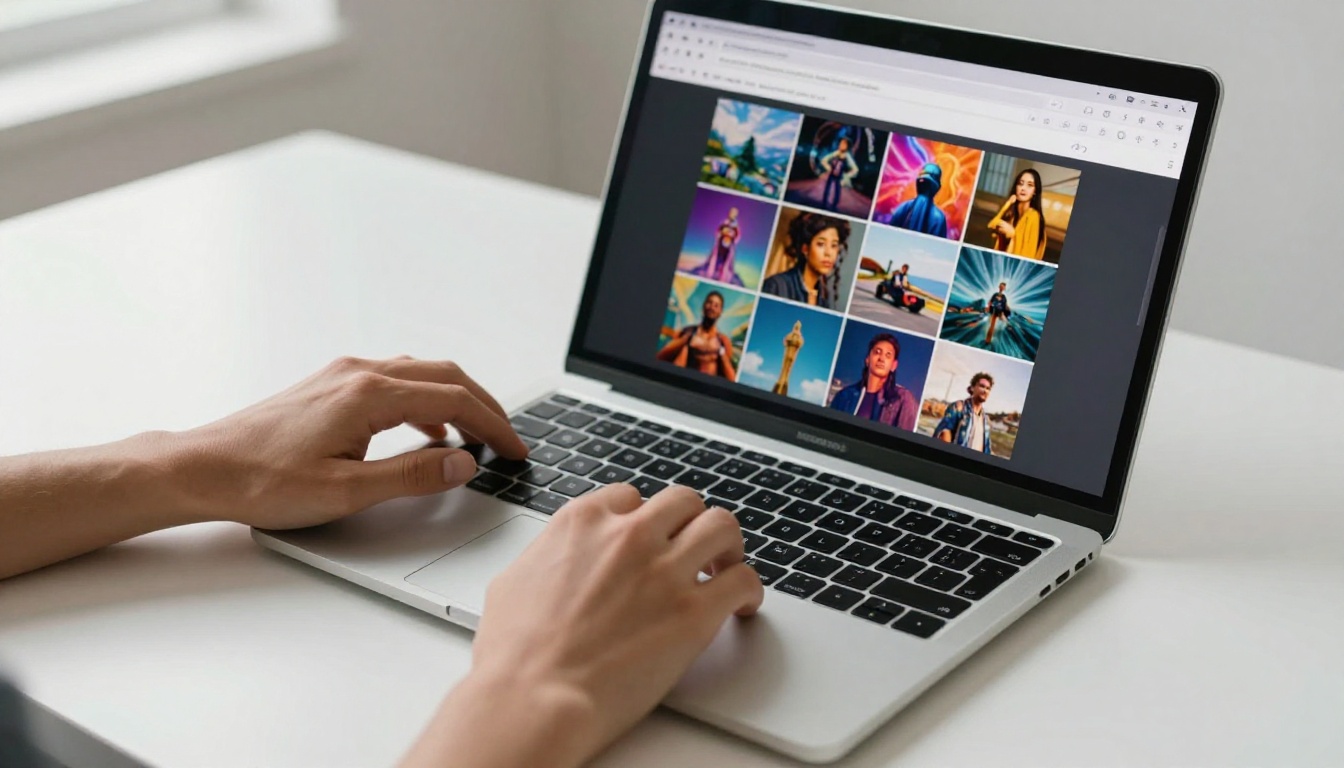 Hands typing on a silver laptop at a minimalist white desk, the screen showing an AI image generation interface with a grid of colorful images, 35mm f/4.0, 8K photorealistic
