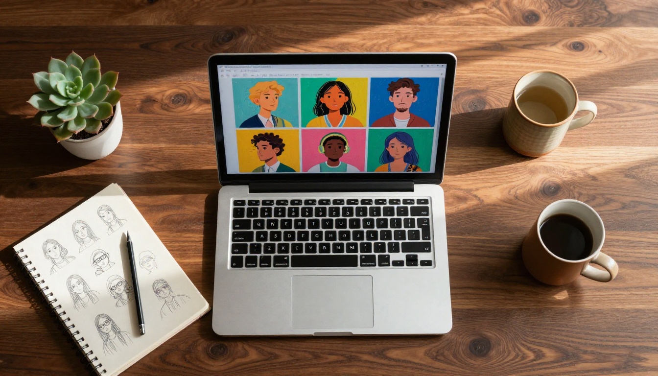 Creative workspace with AI artwork on MacBook, sketchpad, succulent
