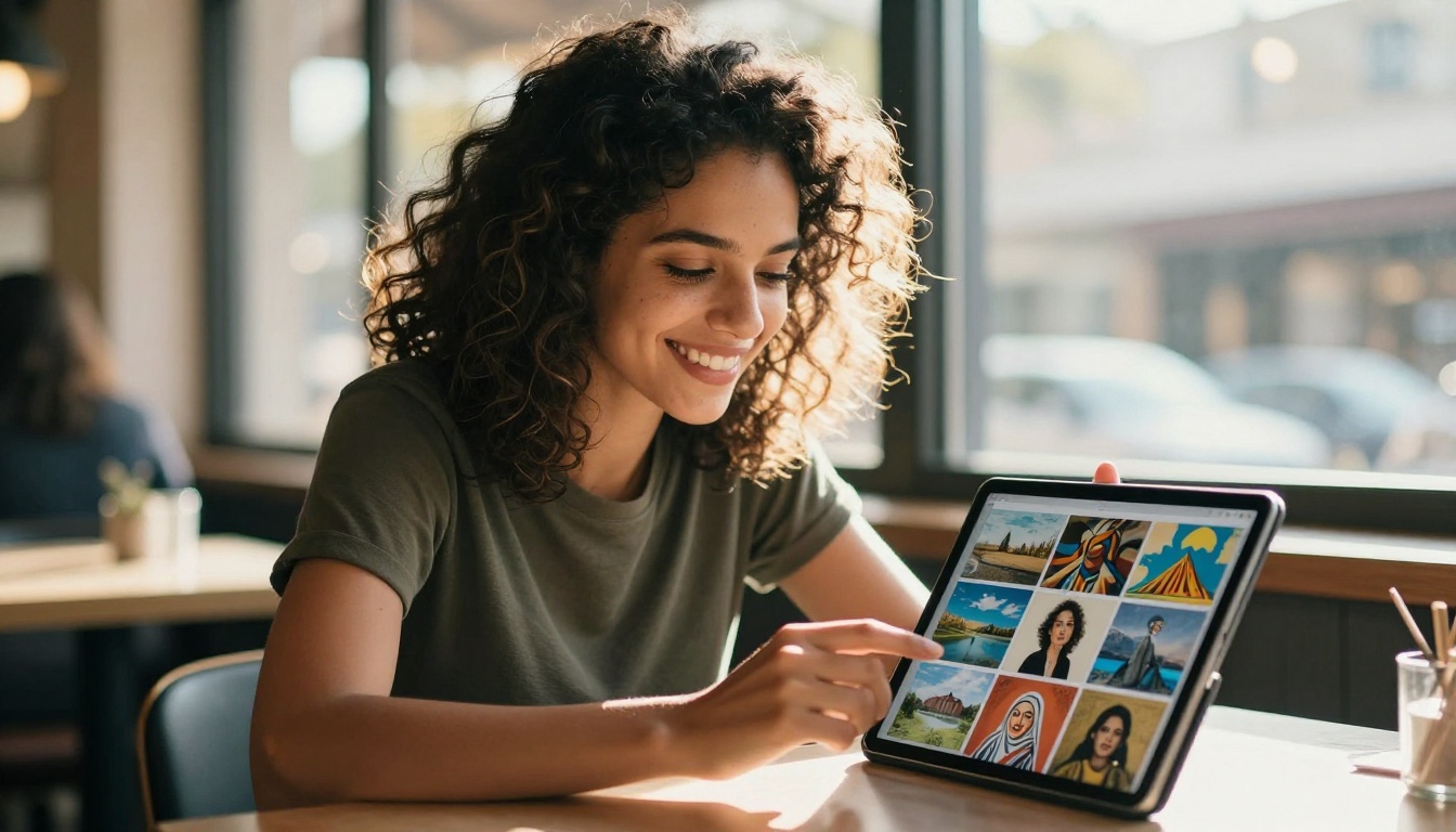 Woman smiling at tablet with AI image grid in cafe