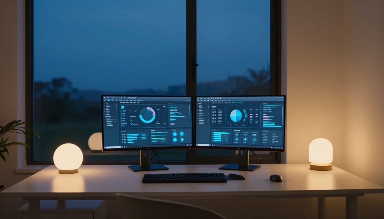 Home office with dual monitors showing AI dashboards at blue hour