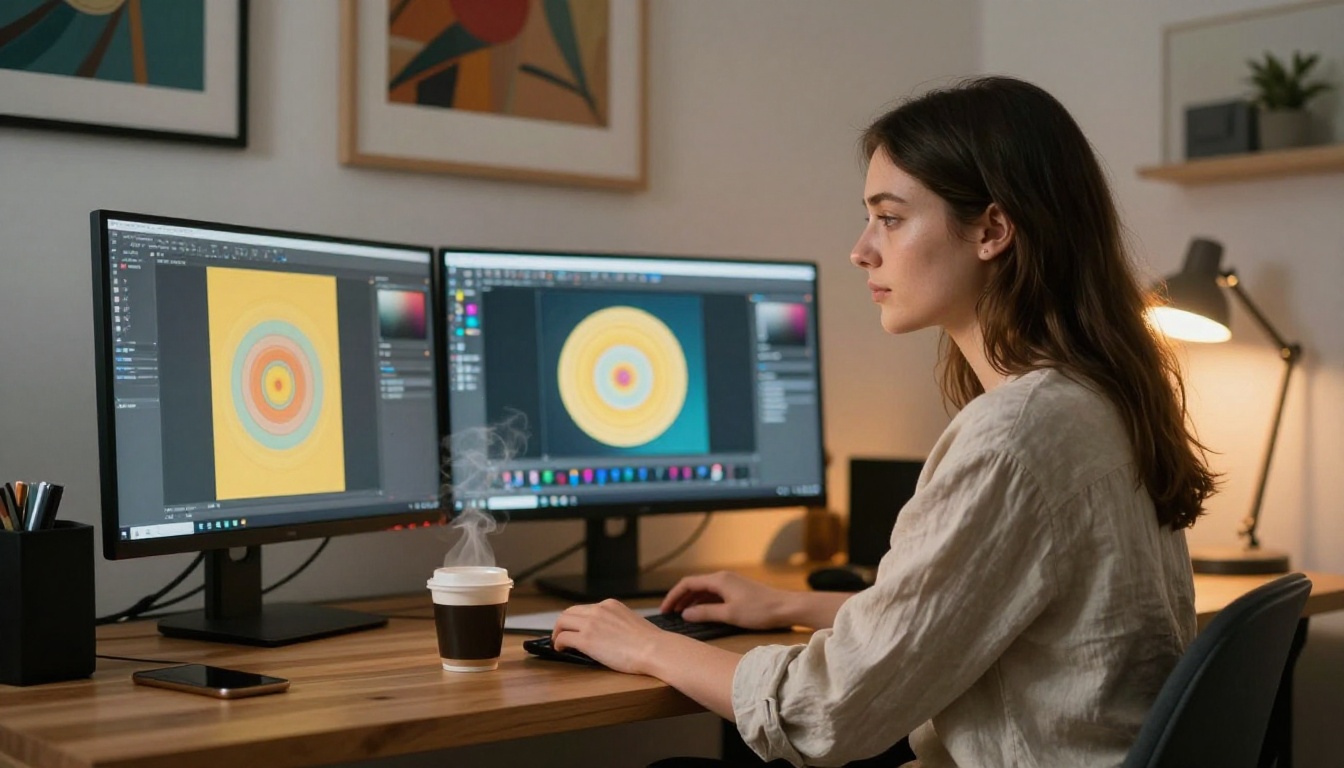 A creative digital artist seated at a modern workstation generating AI art on multiple monitors