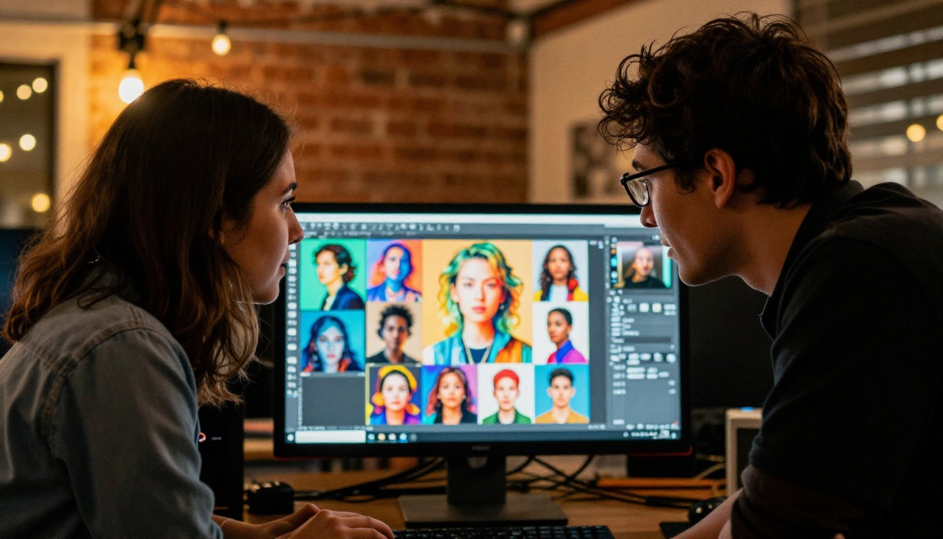 Creative team working together on AI images in design studio