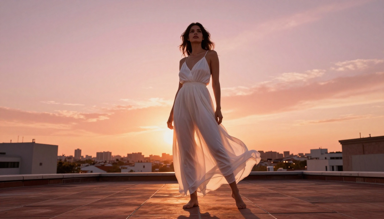 A woman in a flowing white sundress on a rooftop at sunset representing the creative freedom of unrestricted AI art