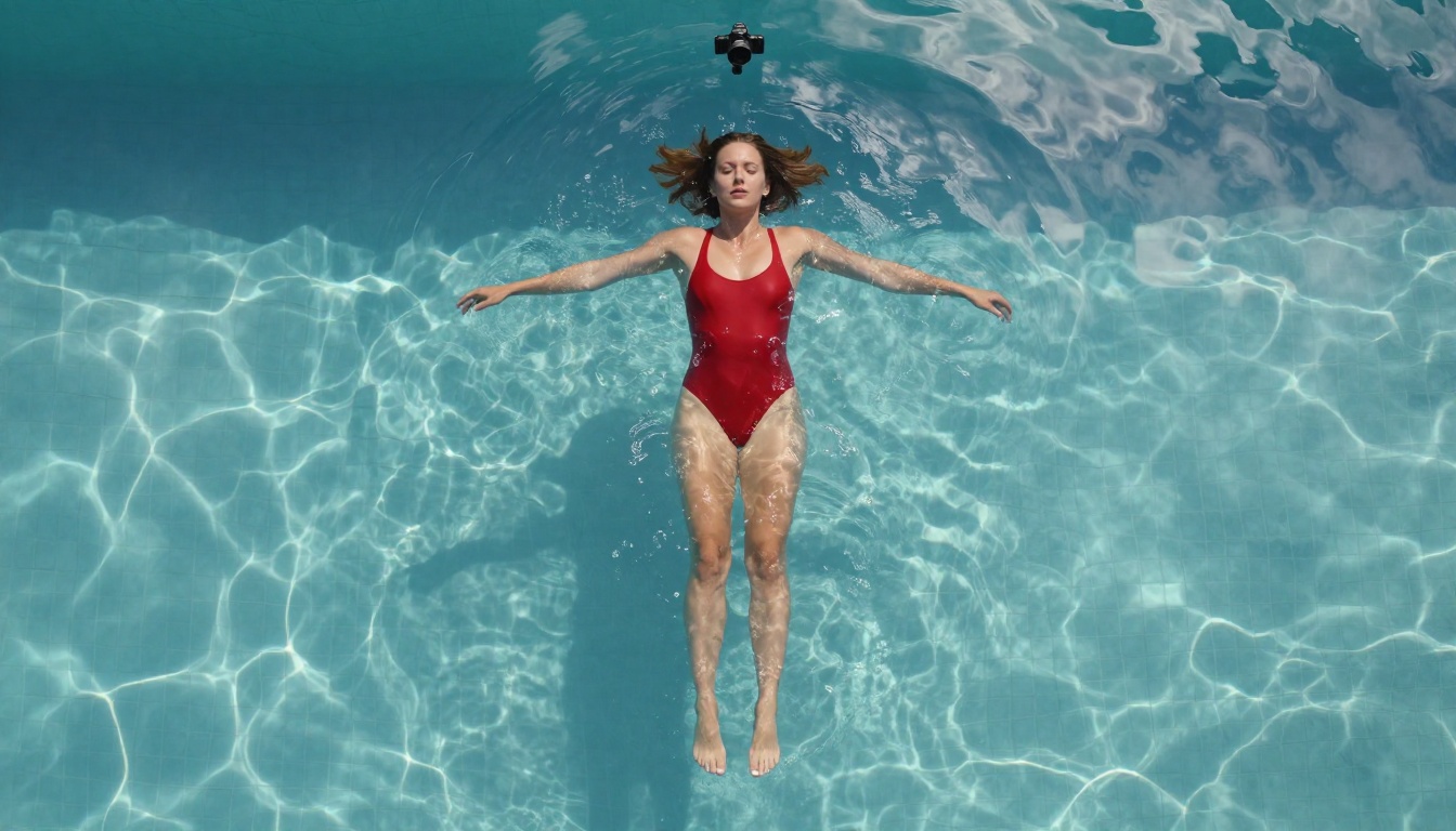 Aerial view of a woman floating in a pool, representing the diverse creative angles achievable with AI art generators