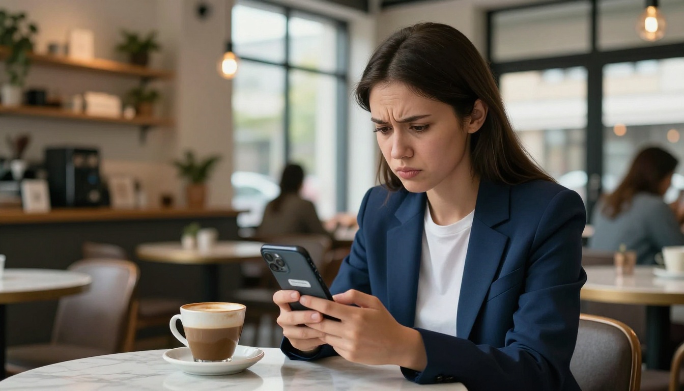 Creative professional frustrated at her phone after hitting ChatGPT image limits in a coffee shop