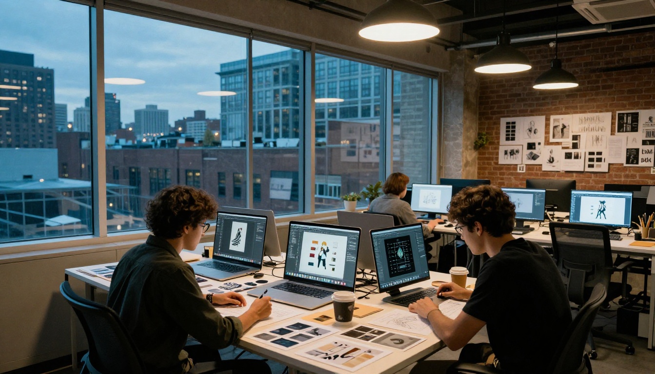 Three diverse creative professionals collaborating in an open-plan studio, representing the professional AI workflow now possible for content creators