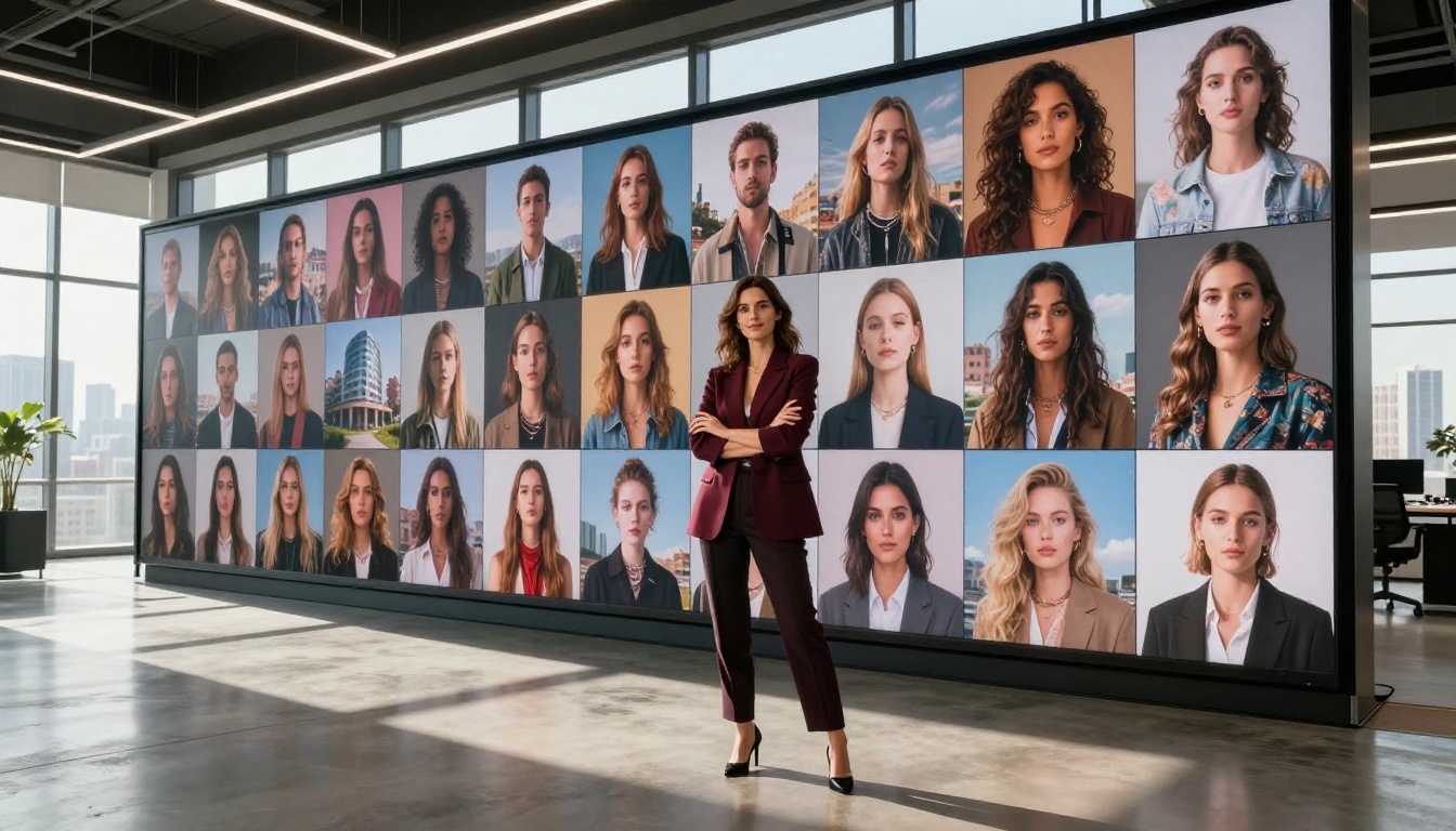 Creative professional standing in front of a massive display wall showing hundreds of AI-generated image variations