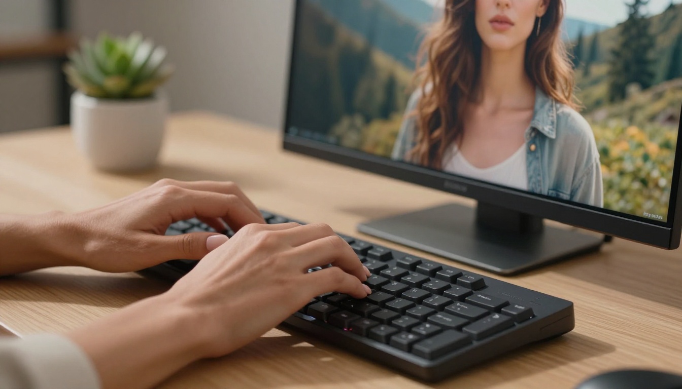 Close-up of hands generating a photorealistic AI image on a high-resolution monitor