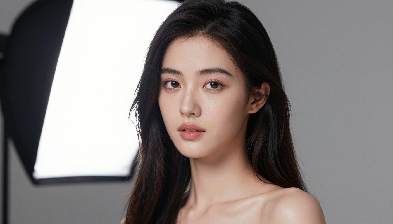 Close-up portrait of a woman with photorealistic skin texture and natural studio lighting