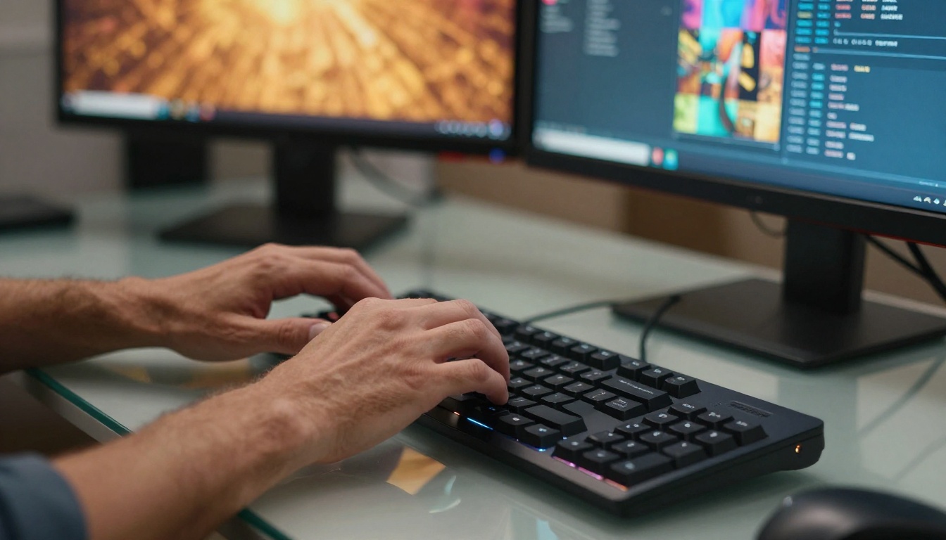 Close-up of hands typing on a backlit keyboard with AI image grids on monitors in the background