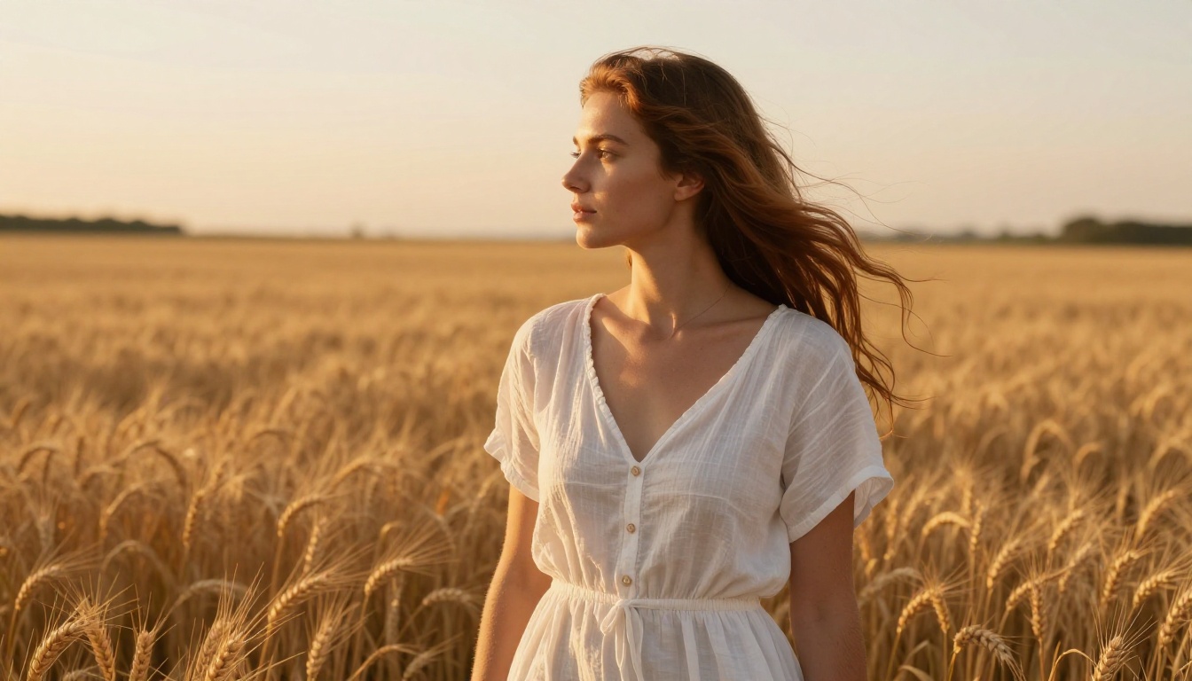 Woman in white linen dress standing in a sunlit wheat field at golden hour, photorealistic photography