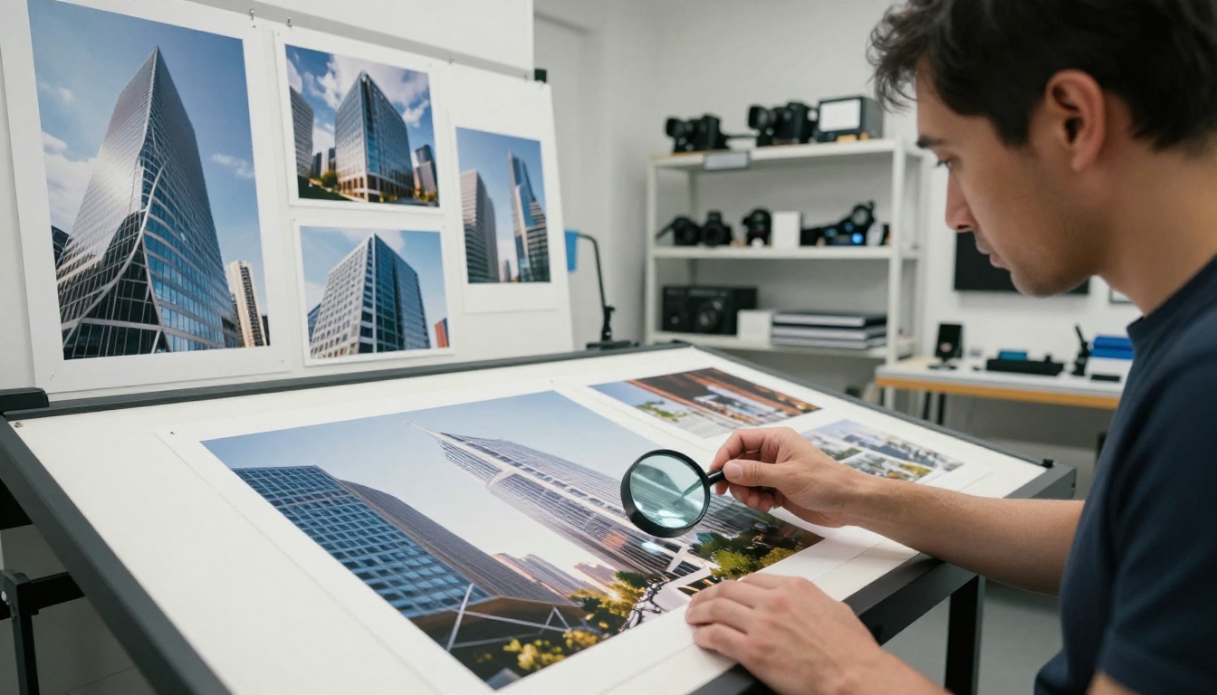 Architectural photographer reviewing large printed urban photography on a professional light table