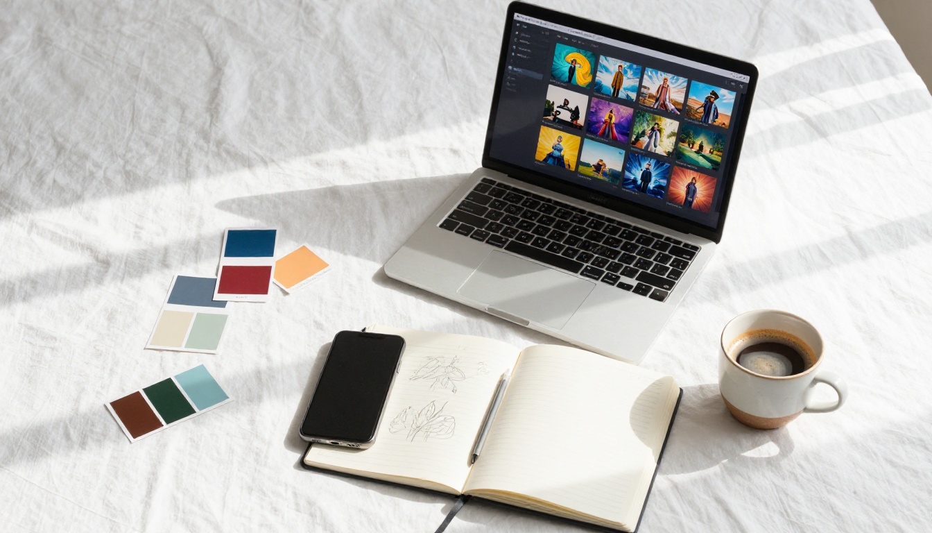 Overhead flat lay of a creative workspace with AI image generation interface visible on a laptop screen
