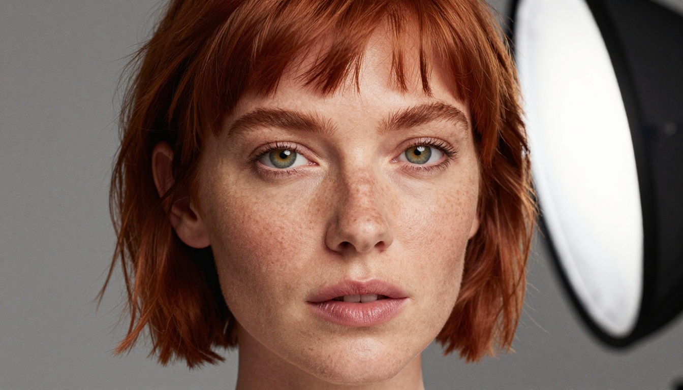 Close-up beauty portrait of a woman with copper hair and natural freckles, professional studio photography