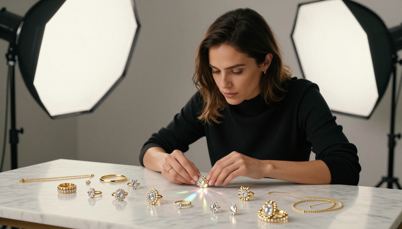 Professional jewelry product photographer arranging diamond and gold pieces under studio softbox lighting