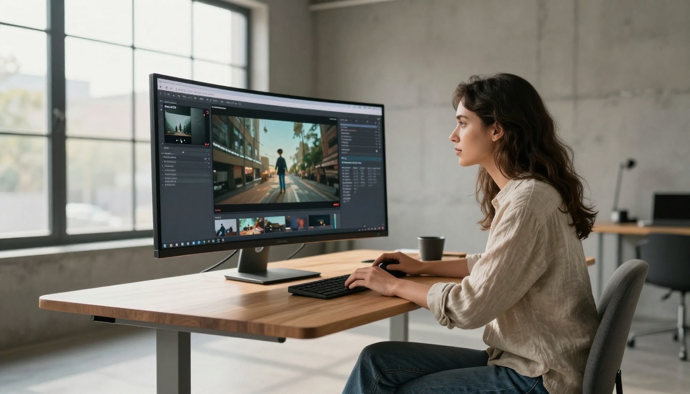Young creative professional woman reviewing AI-generated video footage at a minimalist studio workstation