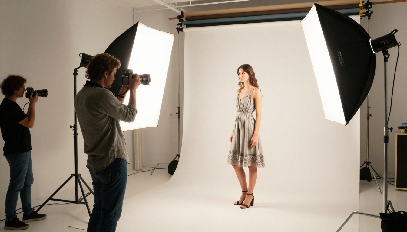 Fashion photographer directing a model in a professional studio with large softbox lighting setup