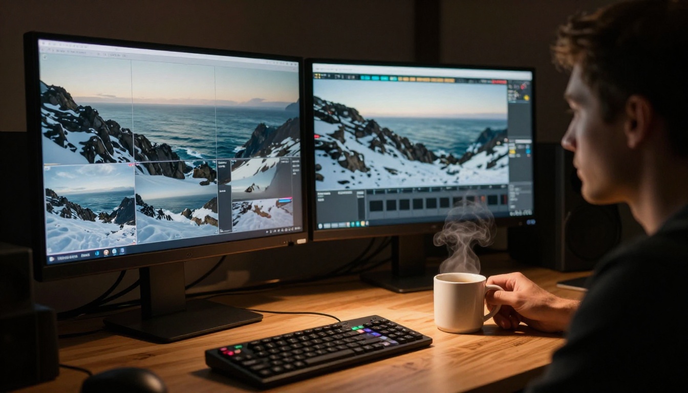Filmmaker reviewing AI video output on dual color grading monitors in a dark editing suite, warm amber lamp casting directional light across the desk