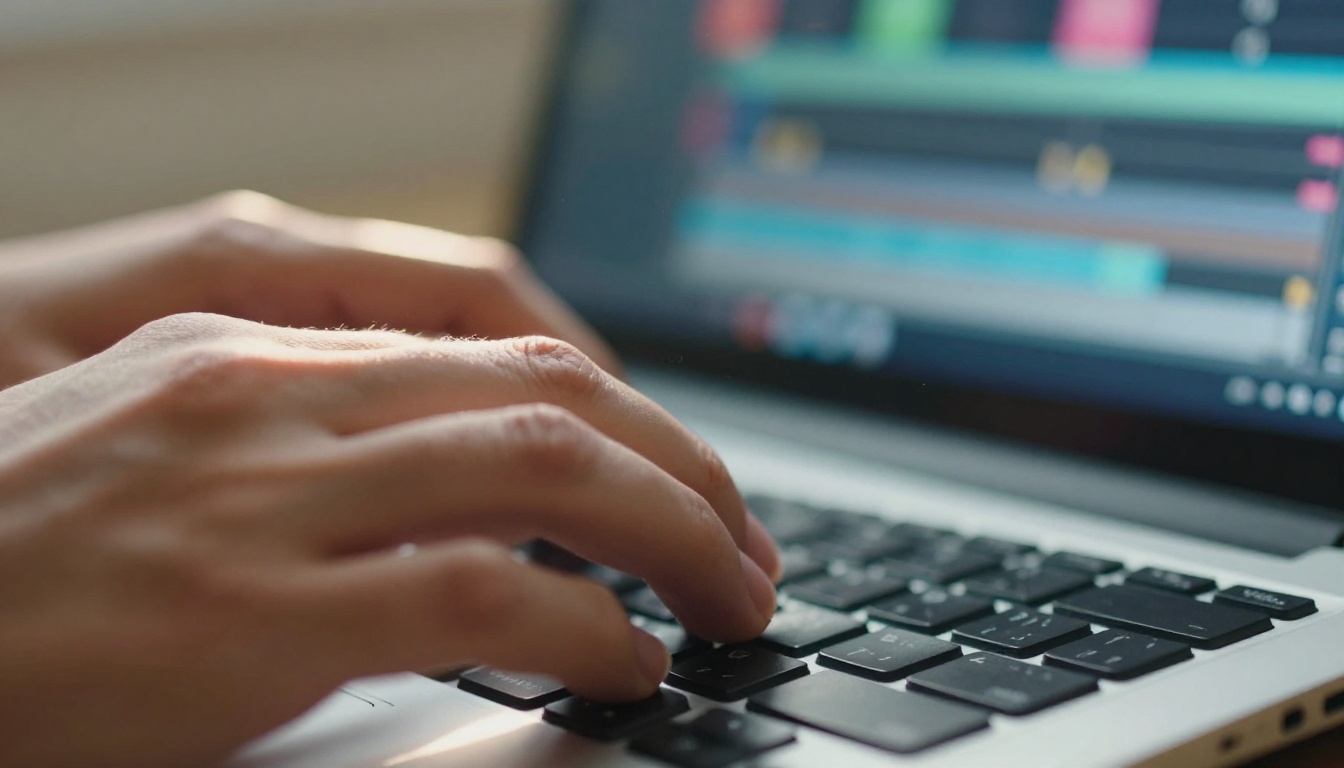 Close-up of hands typing on a brushed aluminum keyboard with video editing timeline glowing in background bokeh