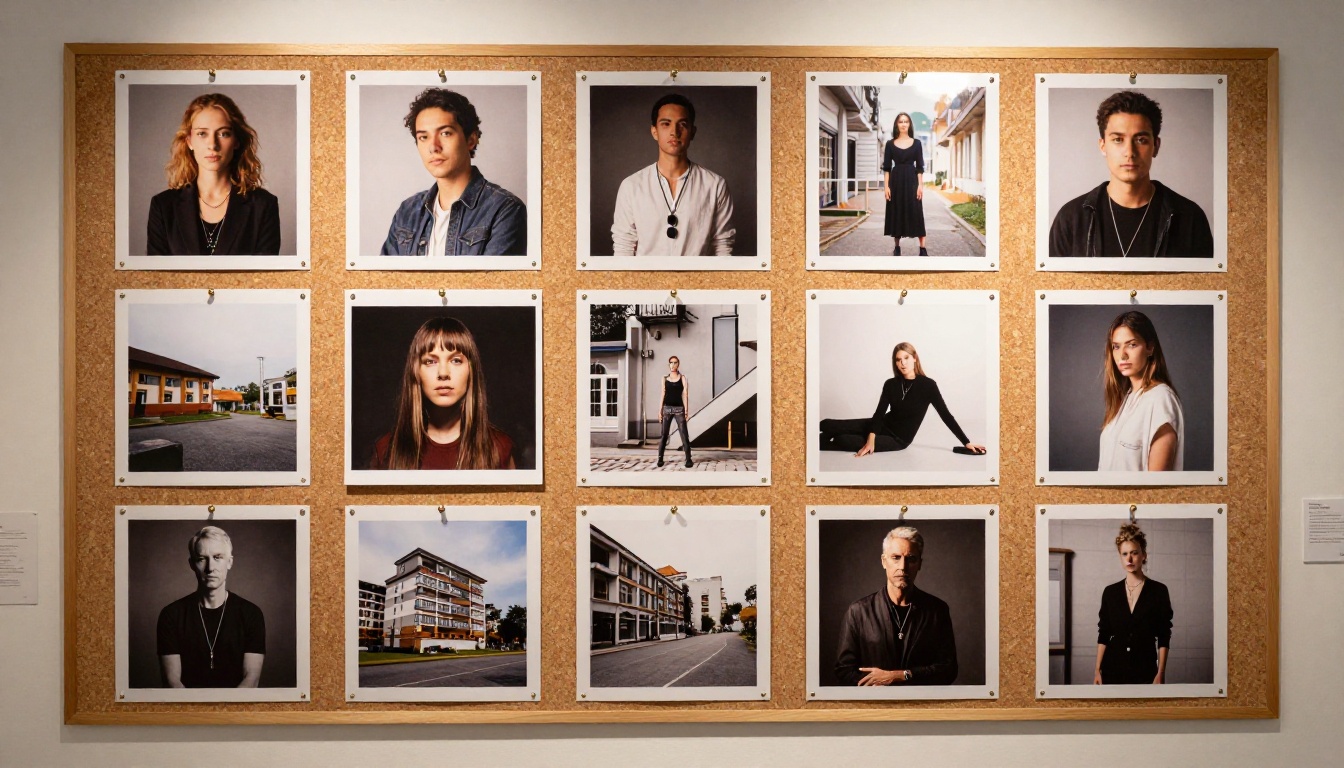 Gallery wall of diverse photorealistic AI-generated prints in a professional photography studio