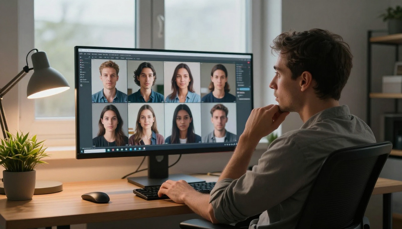 Graphic designer thoughtfully comparing AI-generated portrait variations on a curved ultrawide monitor
