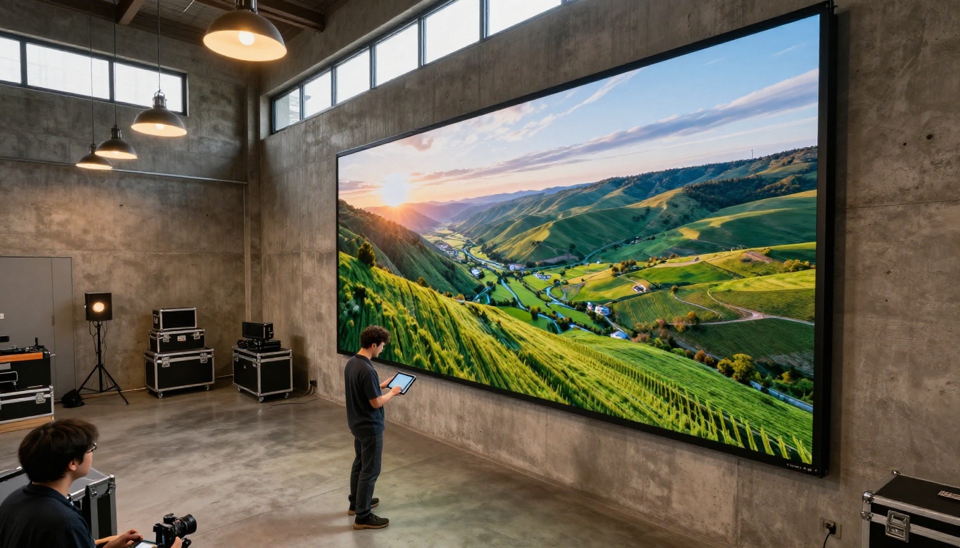 Sweeping aerial footage frame on a massive wall-mounted display in an industrial creative studio, crew member examining output on tablet, exposed concrete walls with pendant tungsten lighting