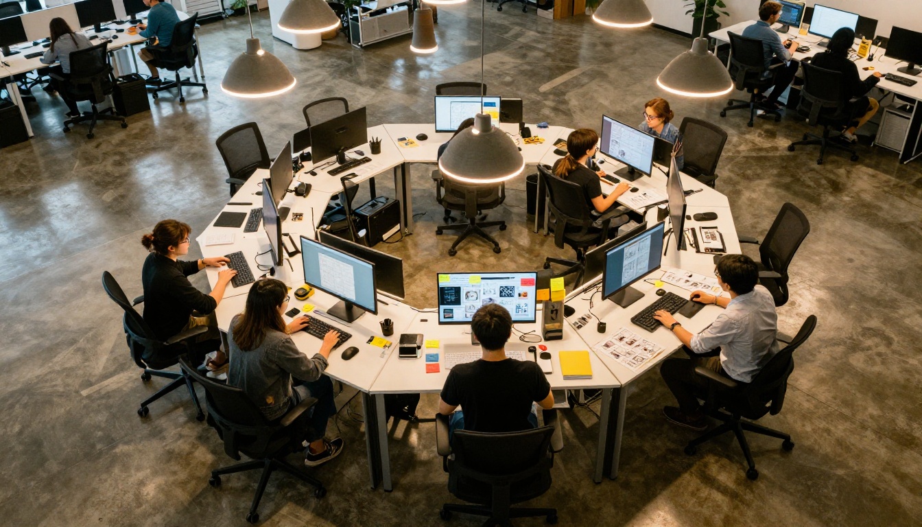 Aerial view of creative agency workspace with six professionals at standing desks in circular formation