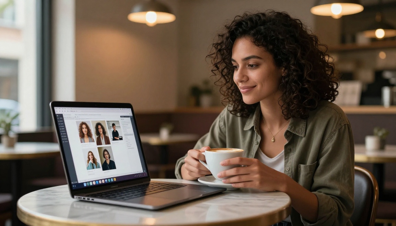 Creative professional woman using AI image platform on a laptop at a cafe, warm ambient lighting