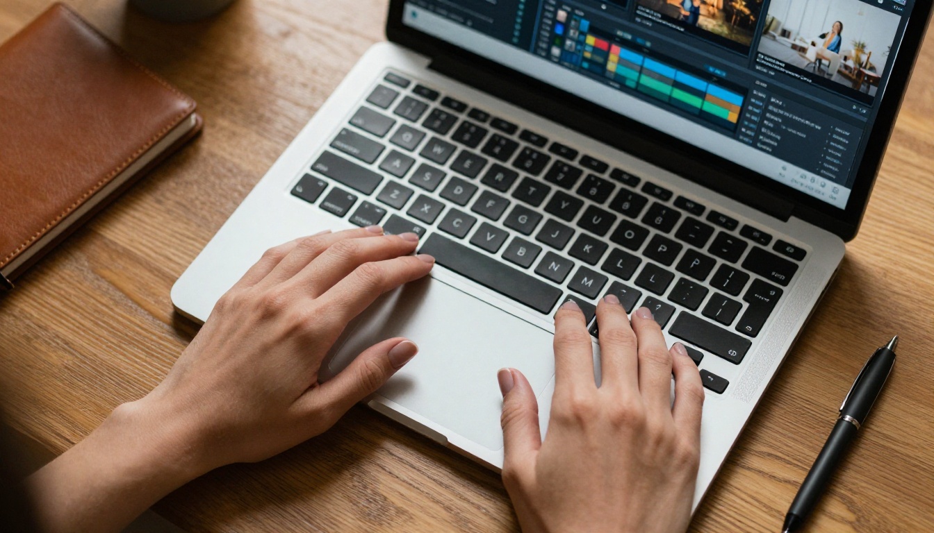 Close-up overhead flat-lay of female hands on a silver laptop keyboard with AI video timeline interface on screen, honey oak wood desk surface visible, soft directional natural light from upper left