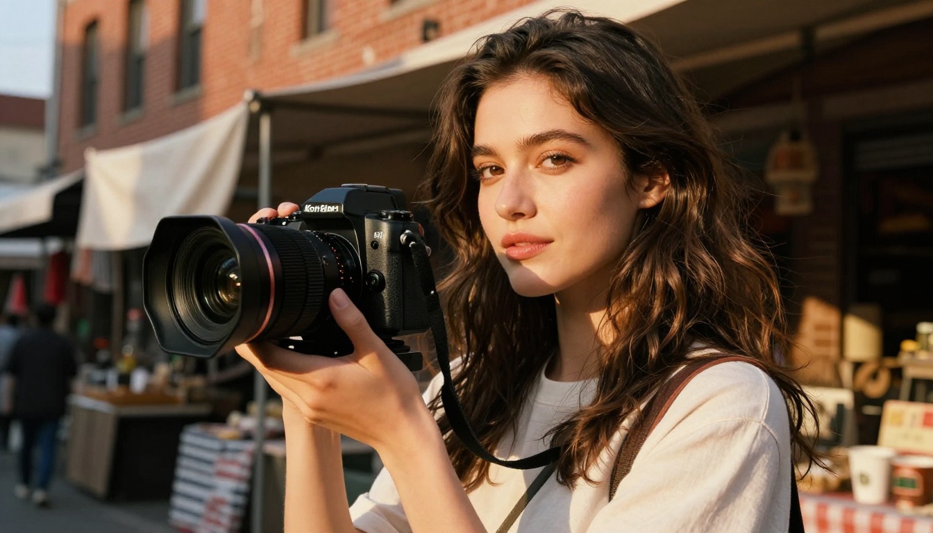 Beautiful woman filmmaker holding professional cinema camera in vibrant outdoor urban market golden hour light